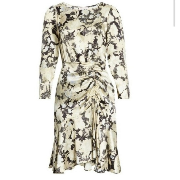 Rebecca Taylor Dresses & Skirts - Rebecca Taylor Dress Women Size 10 Silk Gold Leaf Scrunched Tie Mini Ruched T
